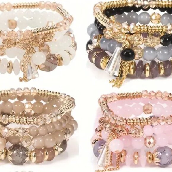 ✨NEW✨ Crystal Beaded Bohemian 4pc Bracelet Set - Black/Gold and Rose/Gold - Picture 5 of 6